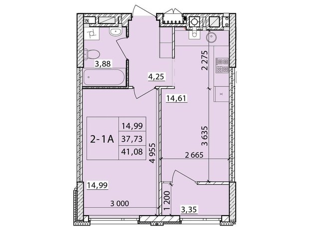 ЖК Масани Сіті: планування 1-кімнатної квартири 41.08 м²