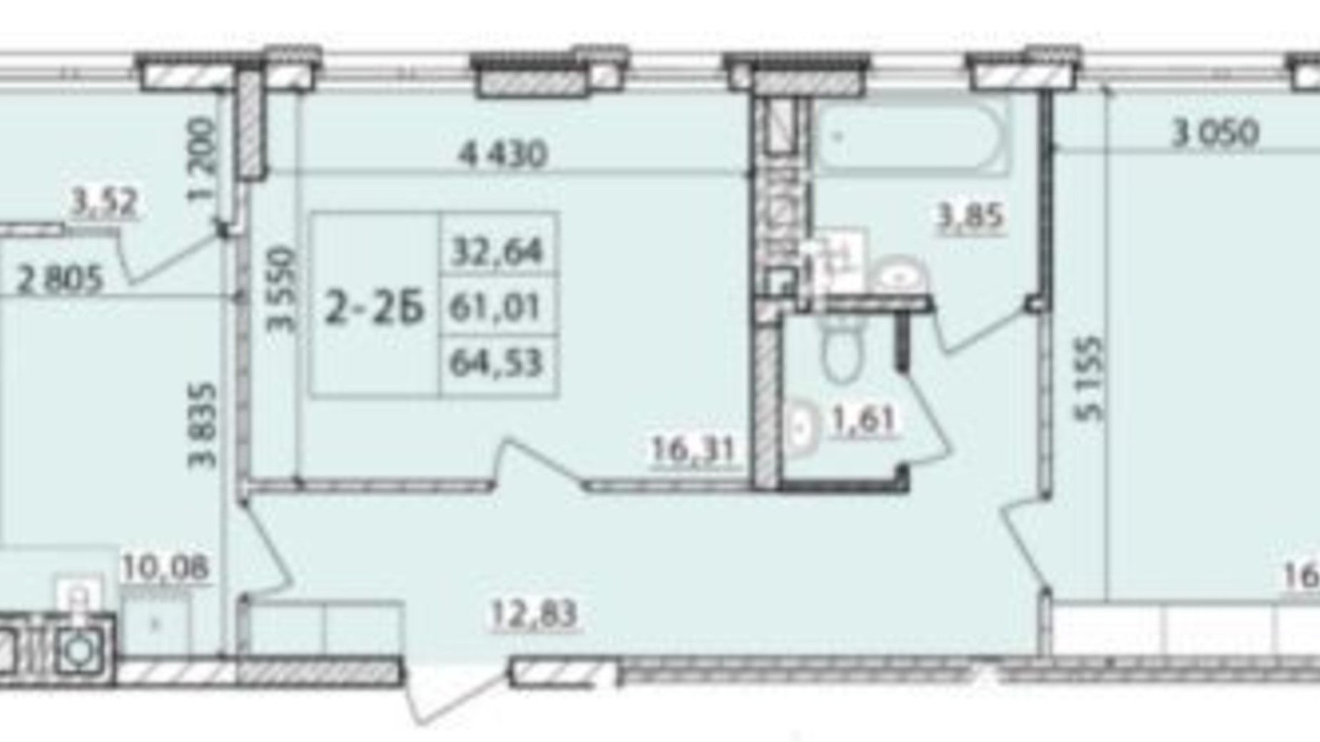 Планировка 2-комнатной квартиры в ЖК Масаны Сити 64.53 м², фото 297426