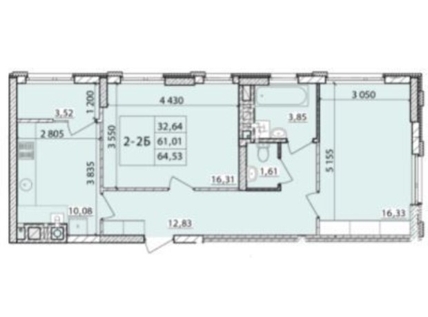 ЖК Масаны Сити: планировка 2-комнатной квартиры 64.53 м²