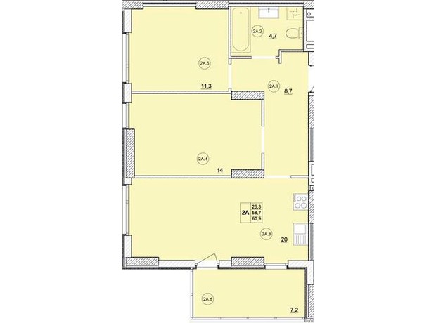 ЖК Масаны Сити: планировка 2-комнатной квартиры 60.9 м²