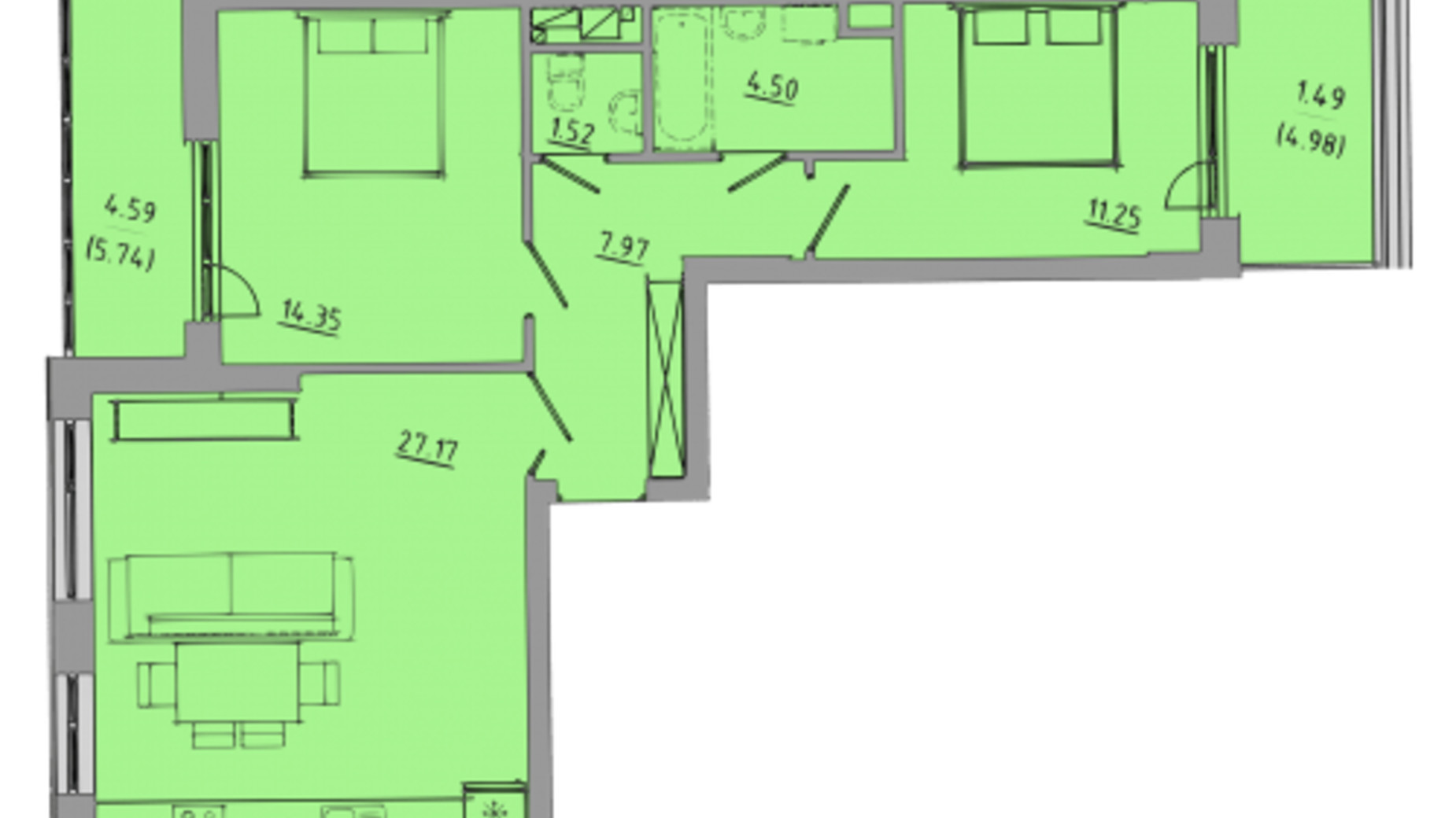 Планування 2-кімнатної квартири в ЖК Централ Хол 72.8 м², фото 297585