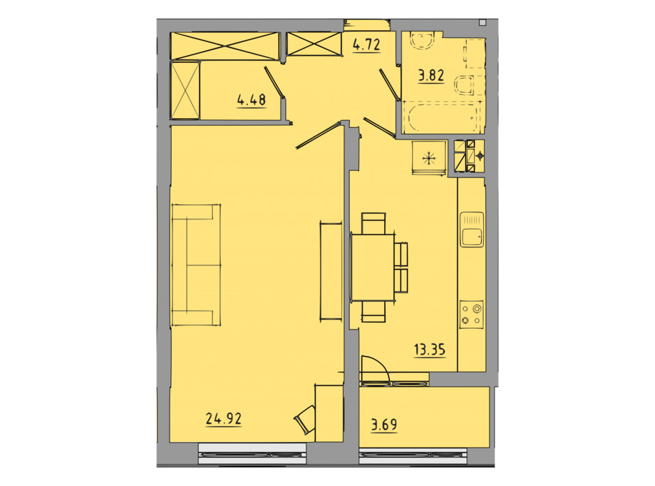 Планировка 1-комнатной квартиры в ЖК Централ Холл 55 м², фото 297593 Планировка 1-комнатной квартиры в ЖК Централ Холл 55 м², фото 297593