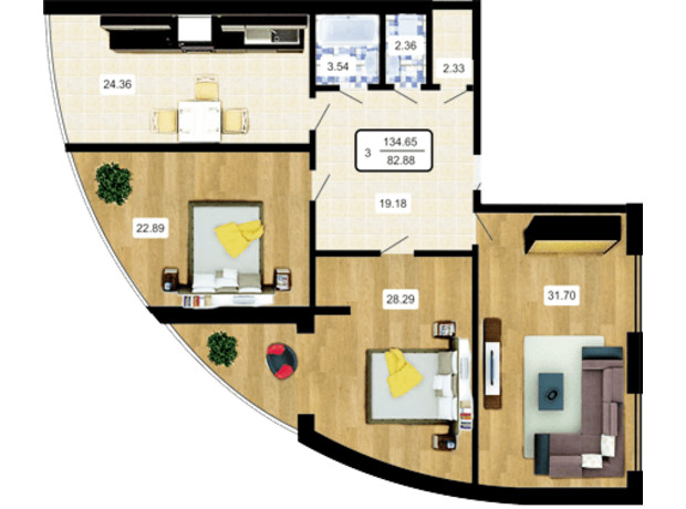 ЖК Paradise: планировка 3-комнатной квартиры 135 м²