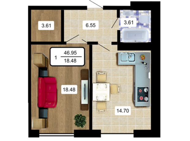 ЖК Paradise: планировка 1-комнатной квартиры 50 м²