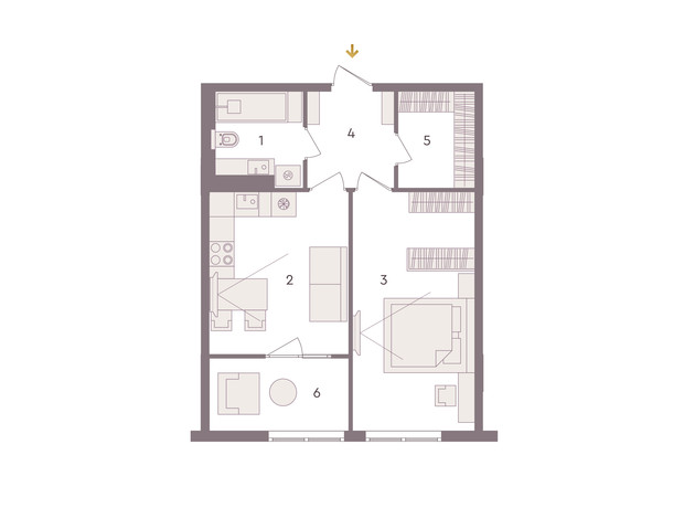 ЖК Senat: планування 1-кімнатної квартири 50.56 м²