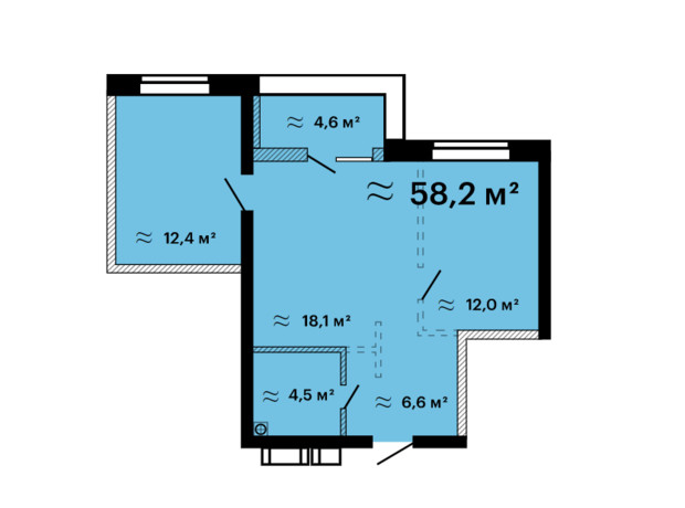 ЖК Скай Сити Плюс: планировка 1-комнатной квартиры 58.2 м²