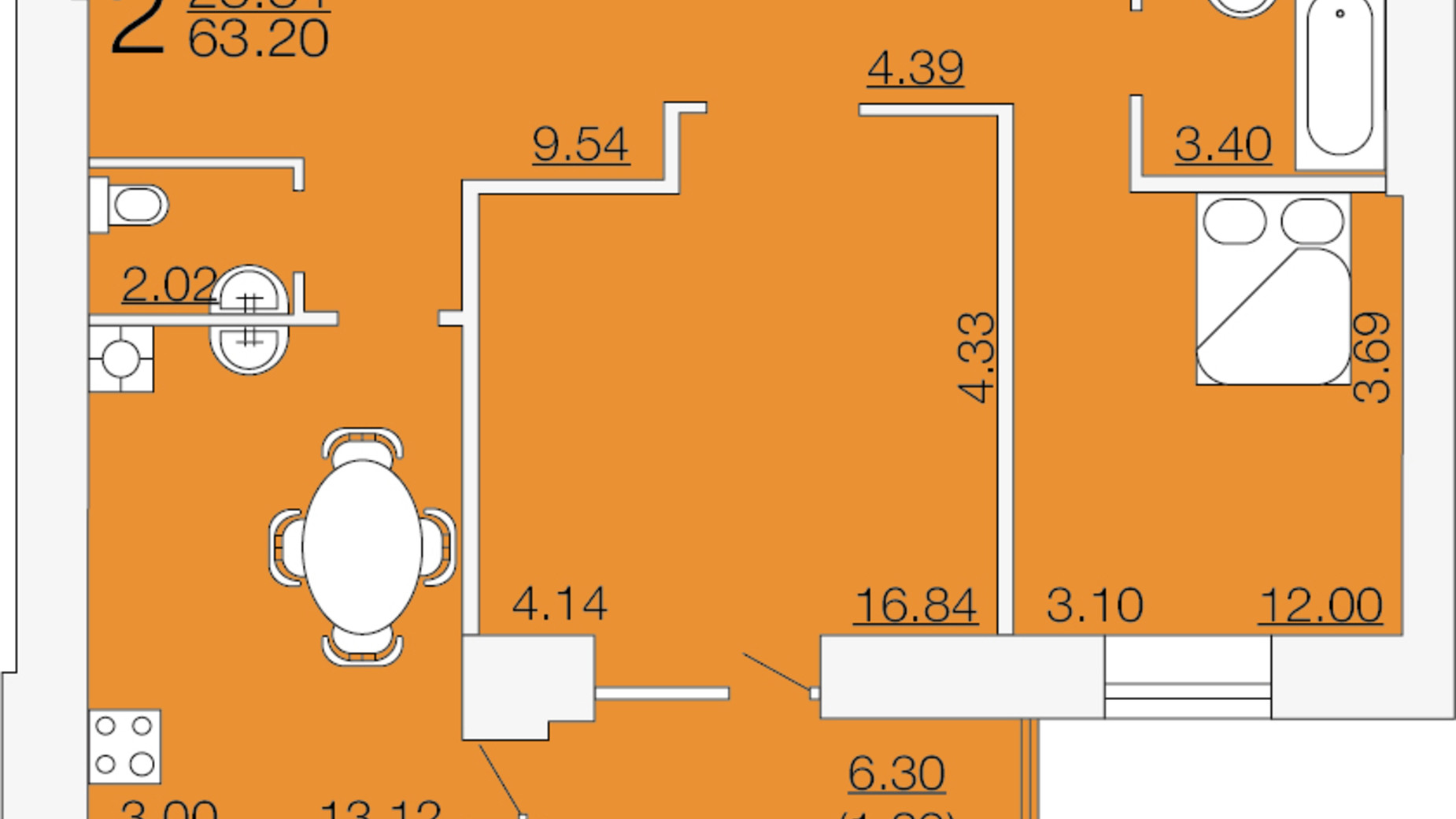 Планировка 2-комнатной квартиры в ЖК Апельсин 63.2 м², фото 299490