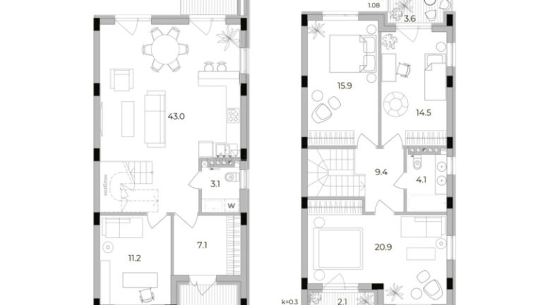 Планування 3-кімнатної квартири в Таунхаус Eastville 129.2 м², фото 299511