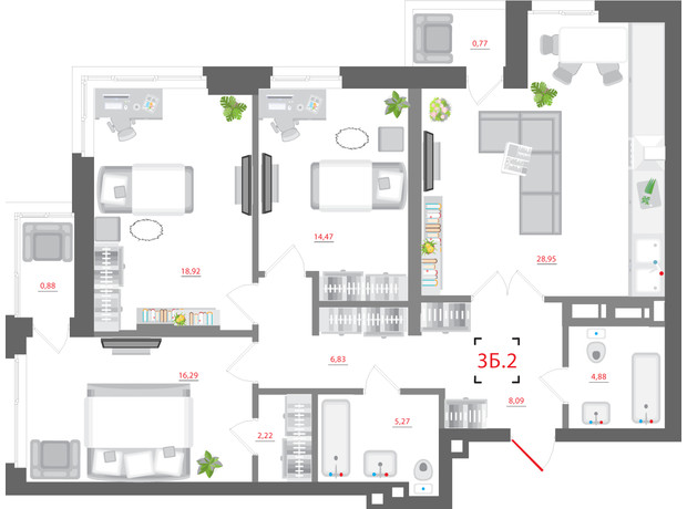 ЖК City Hub: планування 3-кімнатної квартири 107.57 м²