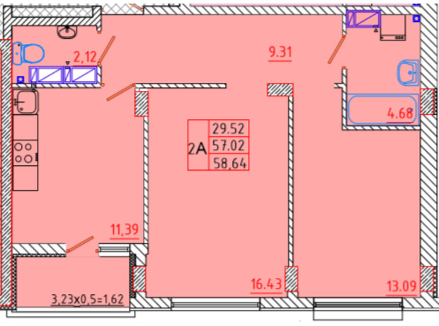 ЖК Цветной бульвар: планування 2-кімнатної квартири 58.64 м²