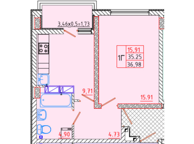 ЖК Цветной бульвар: планировка 1-комнатной квартиры 36.98 м²