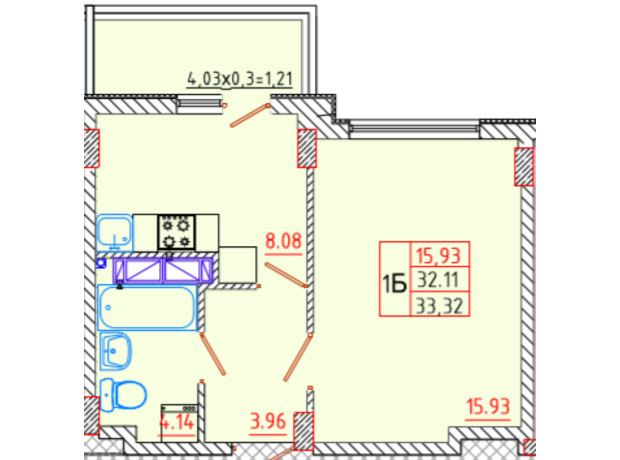 ЖК Цветной бульвар: планування 1-кімнатної квартири 33.32 м²