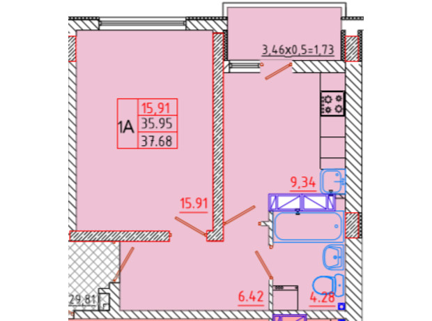 ЖК Цветной бульвар: планування 1-кімнатної квартири 37.68 м²