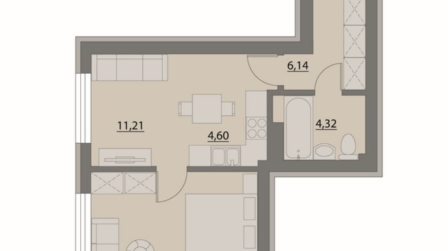 Планування 1-кімнатної квартири в Апарт-комплекс X-point 40.04 м², фото 299586