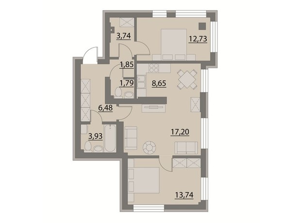 Апарт-комплекс X-point: планировка 3-комнатной квартиры 70.11 м²