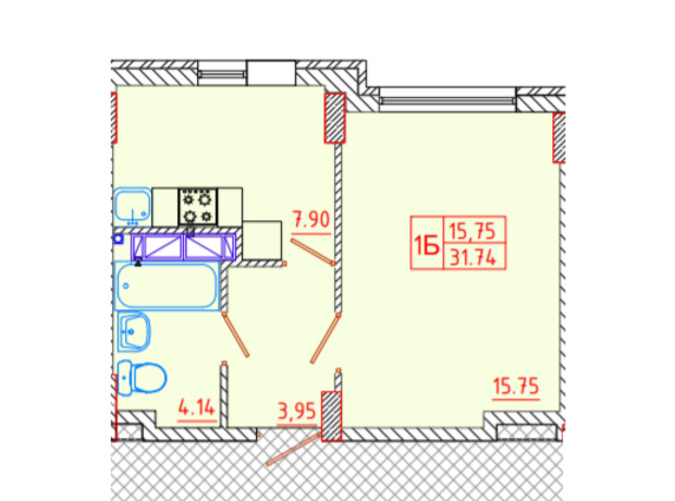 ЖК Цветной бульвар: планування 1-кімнатної квартири 31.74 м²