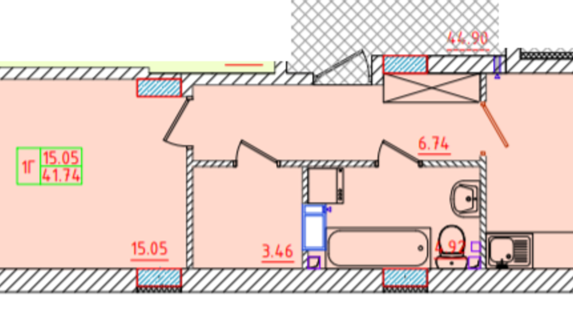 Планування 1-кімнатної квартири в ЖК Цветной бульвар 41.74 м², фото 299625