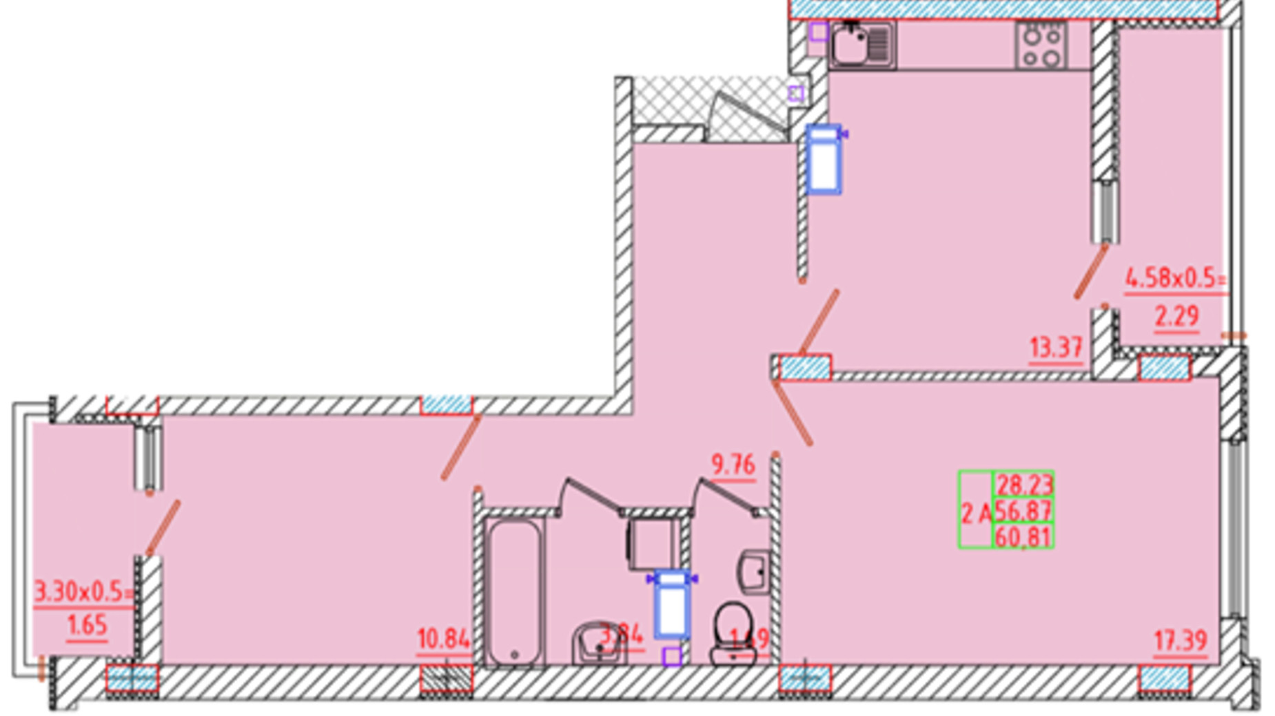 Планировка 2-комнатной квартиры в ЖК Цветной бульвар 60.81 м², фото 299628