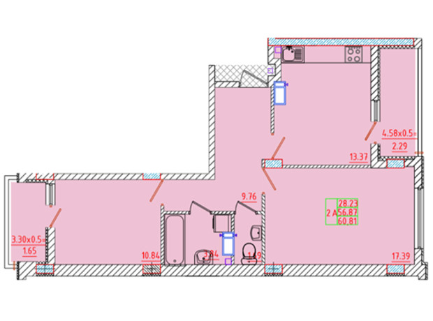 ЖК Цветной бульвар: планировка 2-комнатной квартиры 60.81 м²