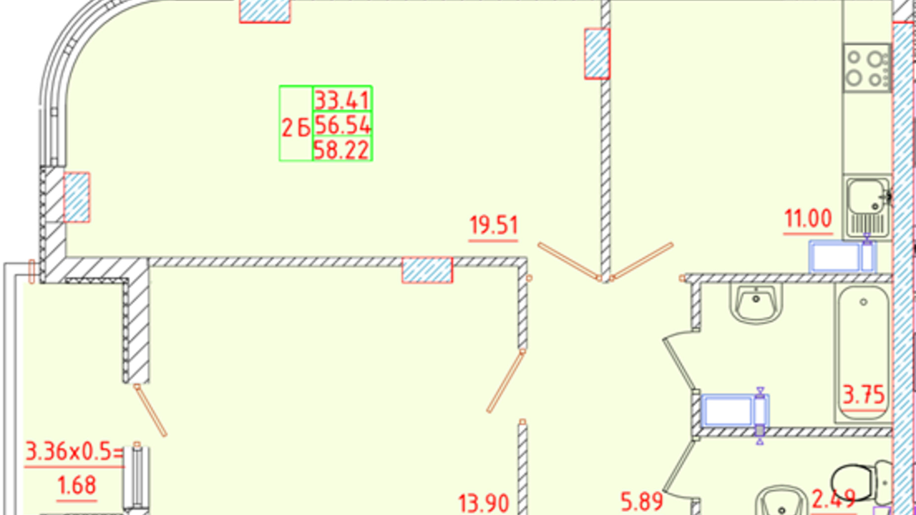 Планування 2-кімнатної квартири в ЖК Цветной бульвар 58.22 м², фото 299630