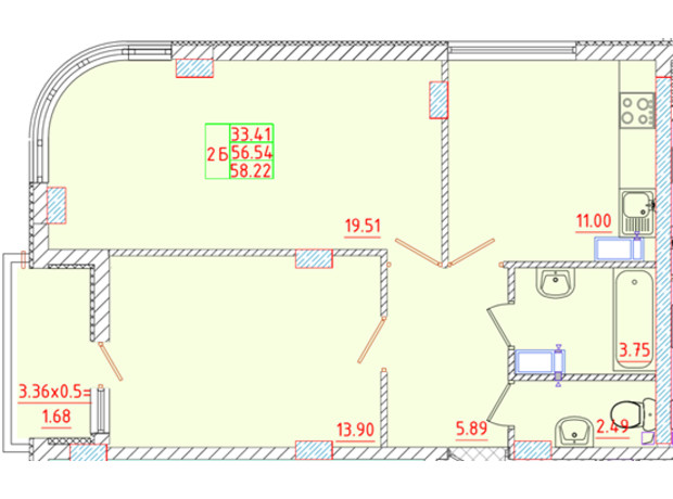 ЖК Цветной бульвар: планировка 2-комнатной квартиры 58.22 м²