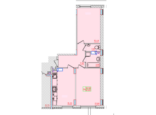 ЖК Цветной бульвар: планування 2-кімнатної квартири 61.69 м²