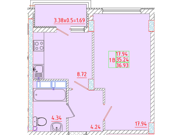ЖК Цветной бульвар: планування 1-кімнатної квартири 36.93 м²