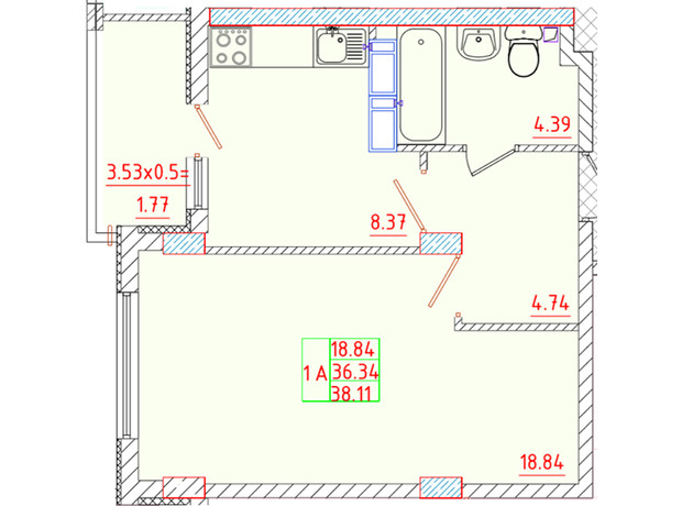 ЖК Цветной бульвар: планування 1-кімнатної квартири 38.11 м²