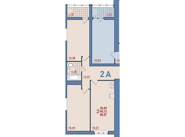 ЖК Затишний: планування 2-кімнатної квартири 69.87 м²