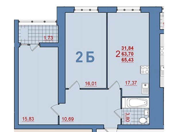 ЖК Уютный: планировка 2-комнатной квартиры 65.43 м²