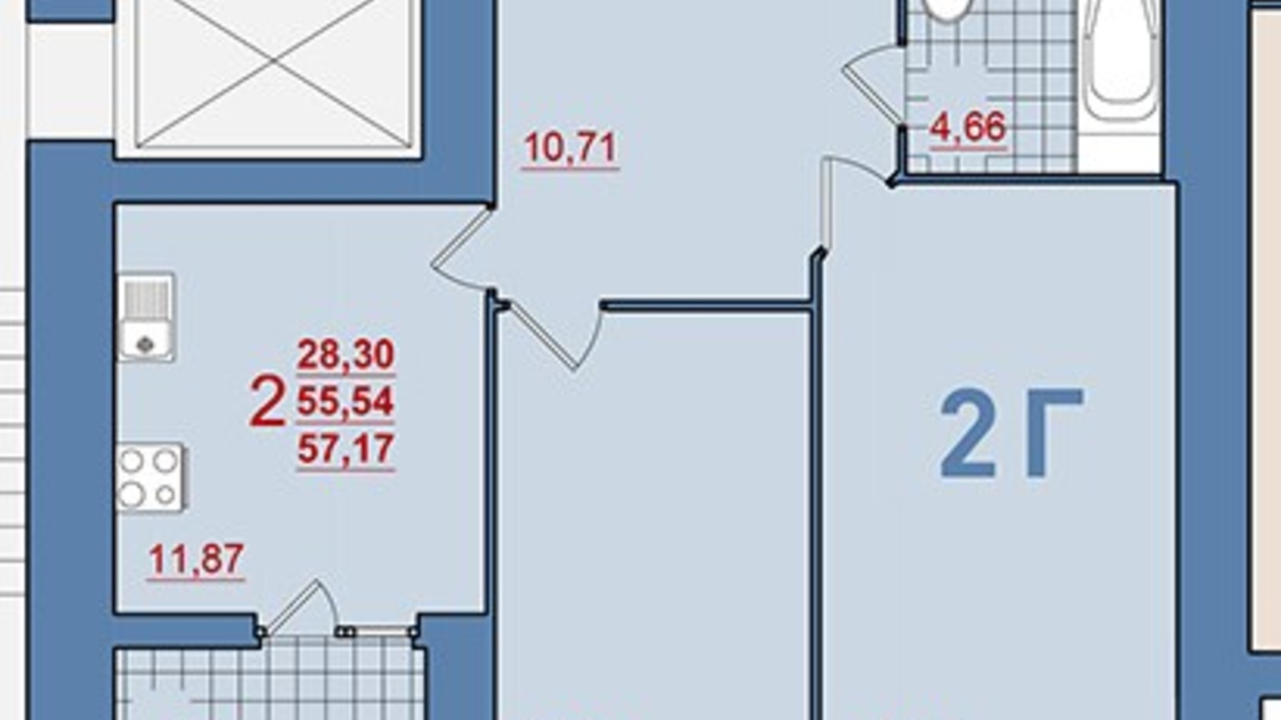 Планировка 2-комнатной квартиры в ЖК Уютный 57.17 м², фото 299643