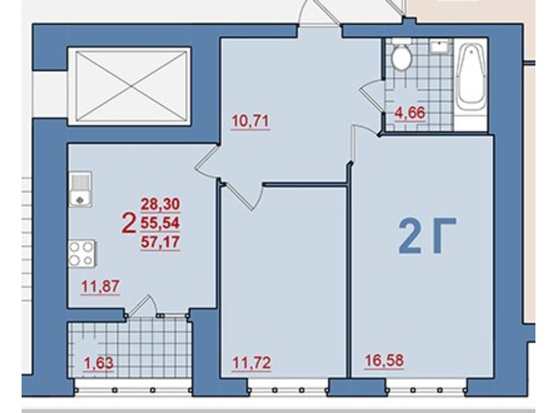 ЖК Затишний: планування 2-кімнатної квартири 57.17 м²