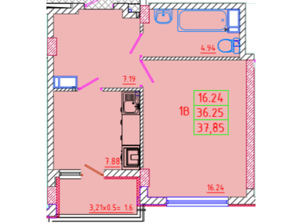 ЖК Цветной бульвар: планування 1-кімнатної квартири 37.85 м²