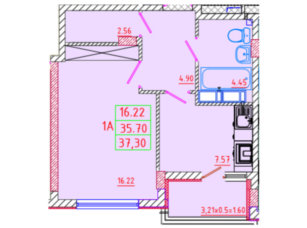 ЖК Цветной бульвар: планування 1-кімнатної квартири 37.3 м²