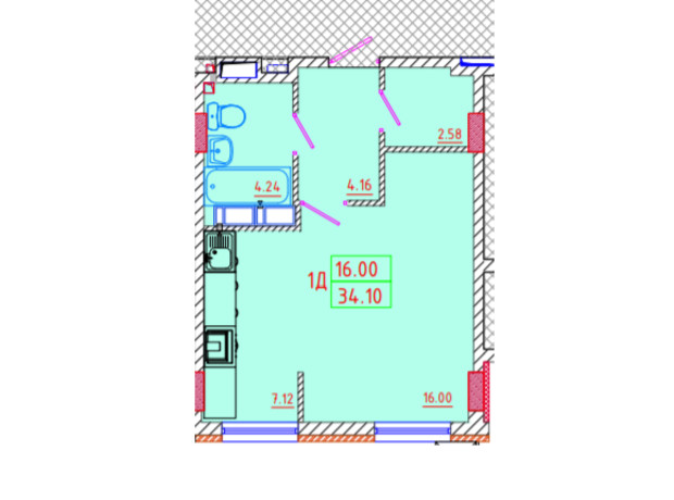 ЖК Цветной бульвар: планування 1-кімнатної квартири 34.1 м²