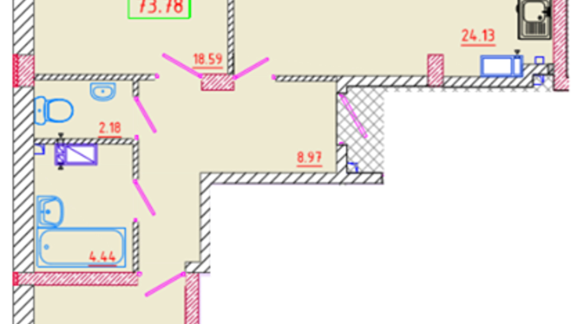 Планування 2-кімнатної квартири в ЖК Цветной бульвар 73.78 м², фото 299649