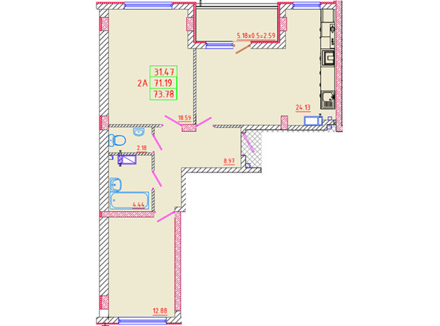 ЖК Цветной бульвар: планування 2-кімнатної квартири 73.78 м²