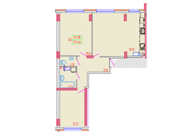 ЖК Цветной бульвар: планування 2-кімнатної квартири 77.46 м²