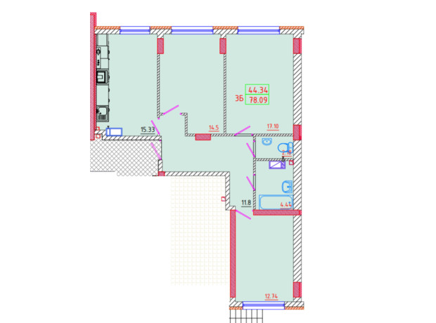 ЖК Цветной бульвар: планировка 3-комнатной квартиры 78.09 м²