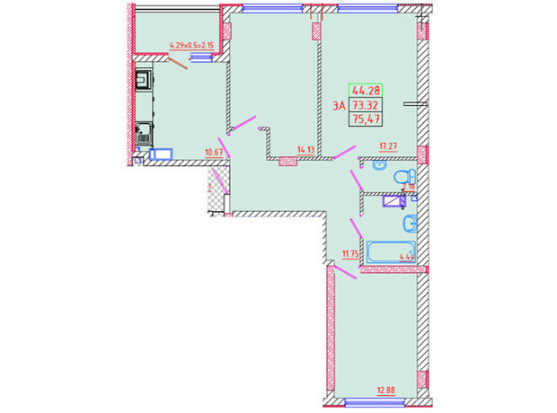 ЖК Цветной бульвар: планировка 3-комнатной квартиры 75.47 м²