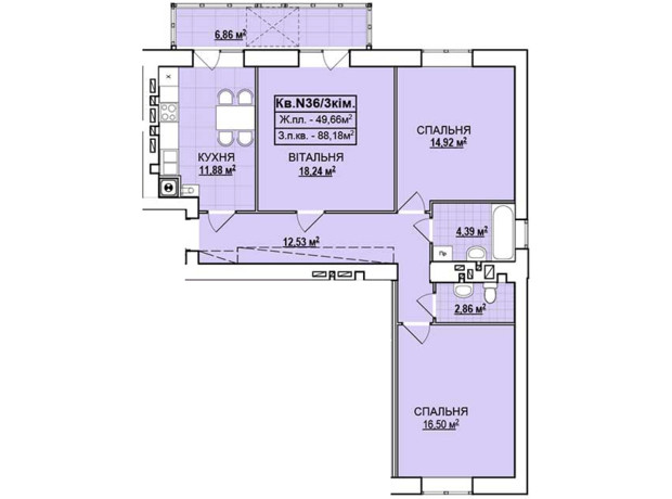 ЖК ул. Базарная: планировка 3-комнатной квартиры 88.18 м²