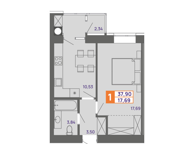 ЖК Молодіжний: планування 1-кімнатної квартири 37.9 м²