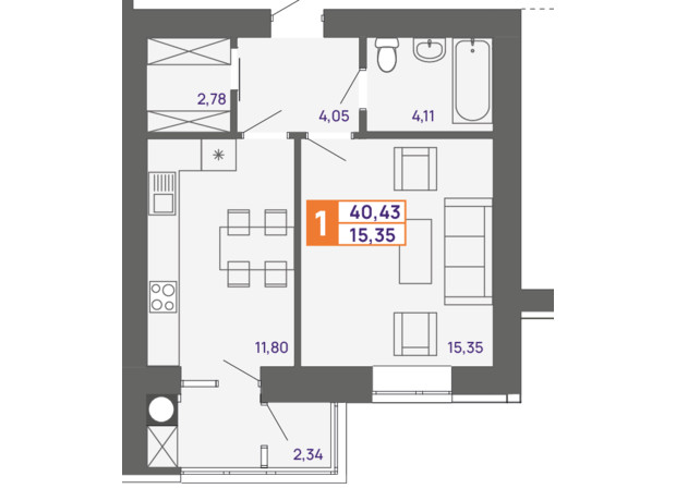 ЖК Молодежный: планировка 1-комнатной квартиры 40.43 м²