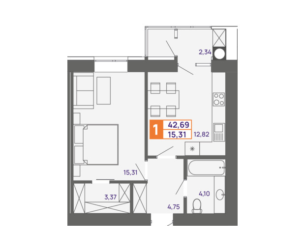 ЖК Молодежный: планировка 1-комнатной квартиры 42.69 м²