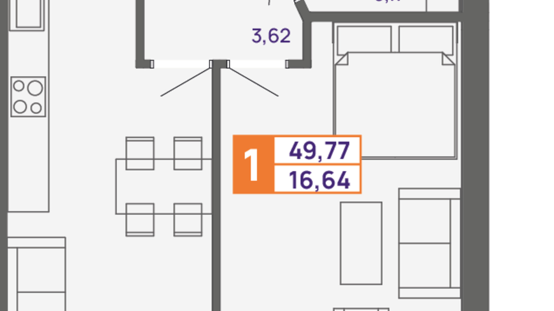 Планировка 1-комнатной квартиры в ЖК Молодежный 49.77 м², фото 299998