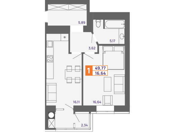 ЖК Молодежный: планировка 1-комнатной квартиры 49.77 м²