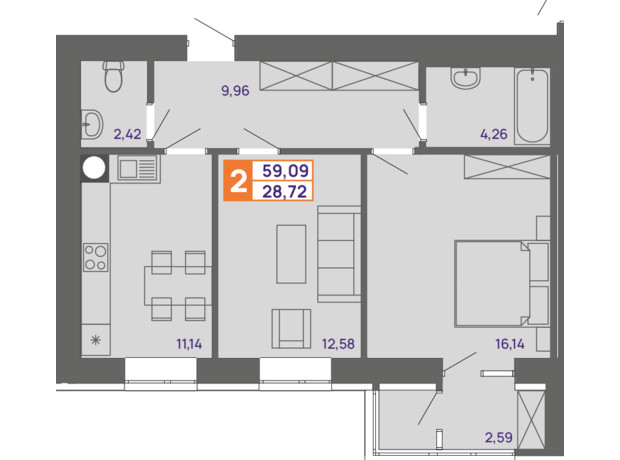 ЖК Молодіжний: планування 2-кімнатної квартири 59.09 м²