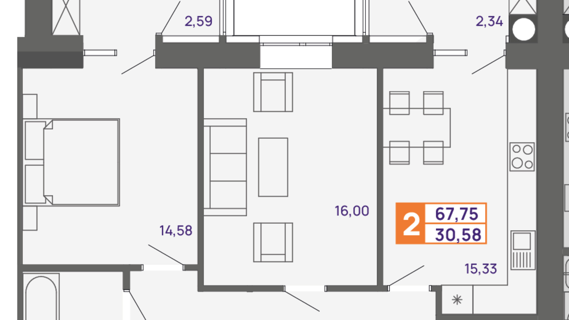 Планування 2-кімнатної квартири в ЖК Молодіжний 67.75 м², фото 300001
