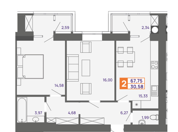 ЖК Молодіжний: планування 2-кімнатної квартири 67.75 м²