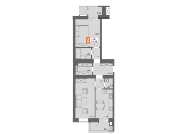 ЖК Молодіжний: планування 2-кімнатної квартири 71.37 м²